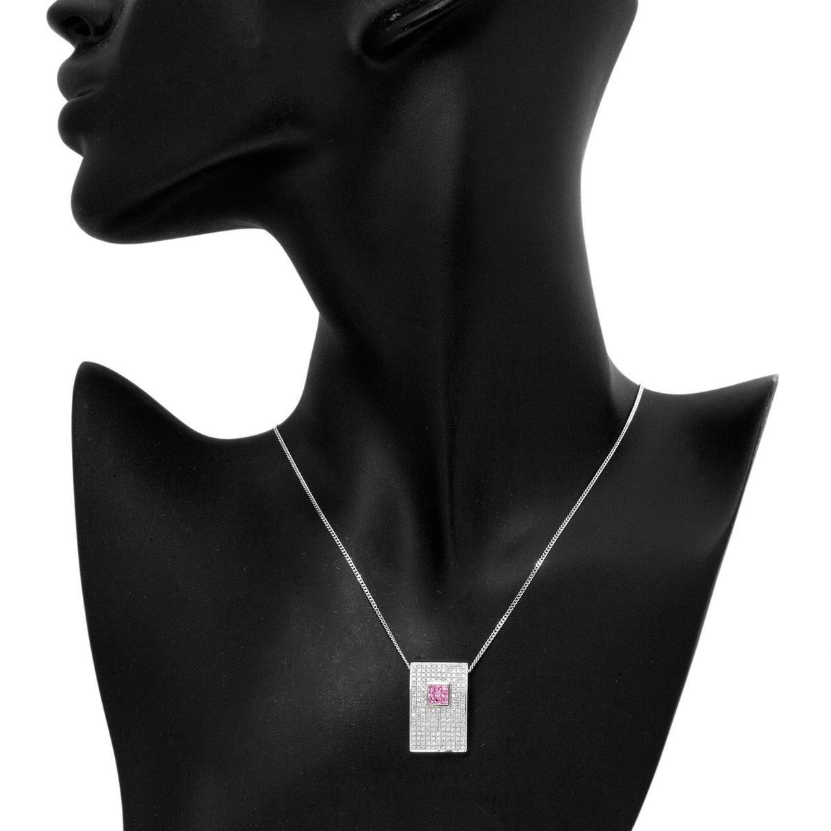 18K White Gold Diamond Pink Sapphire Pendant Necklace