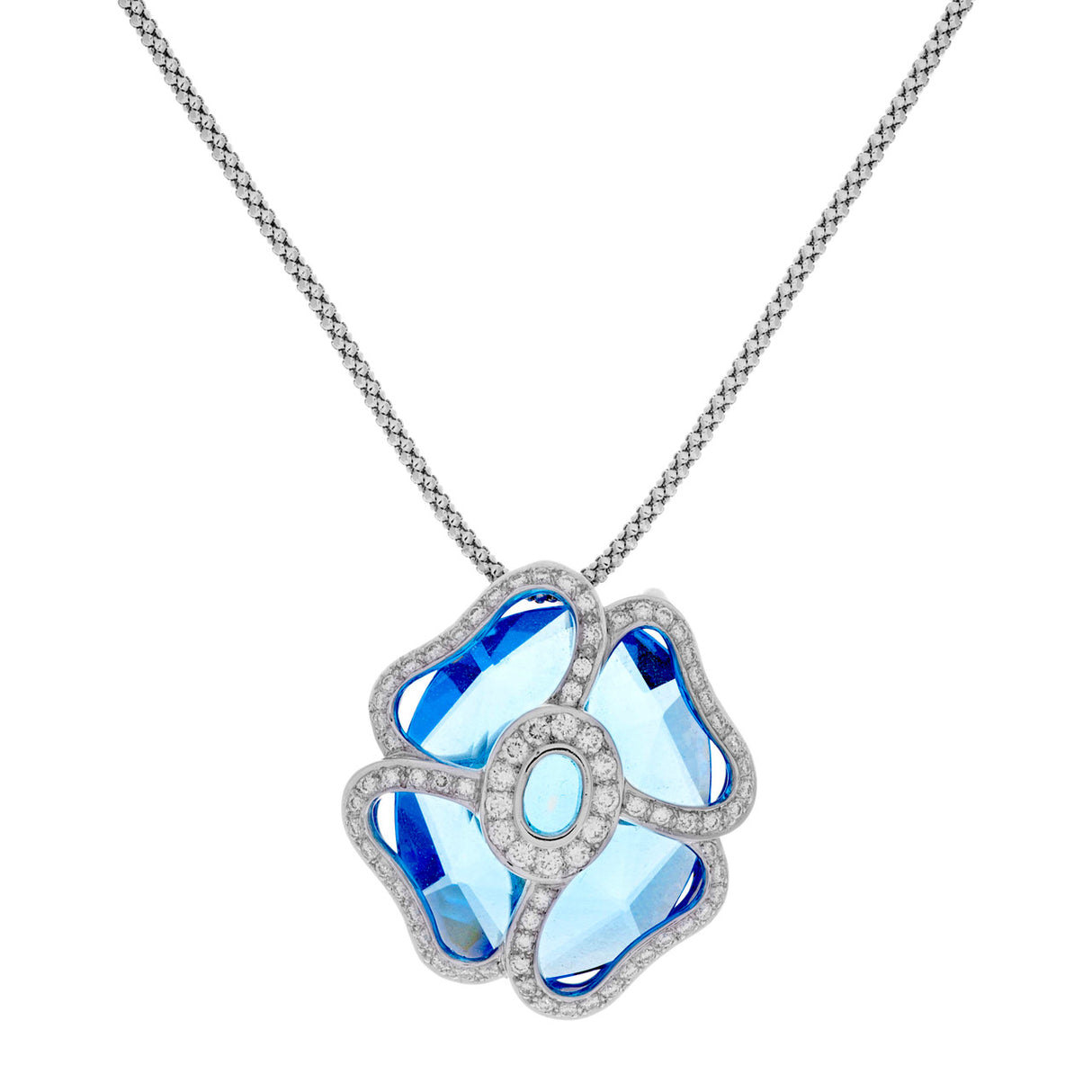 18K White Gold Diamond Blue Topaz Blossom Pendant Necklace