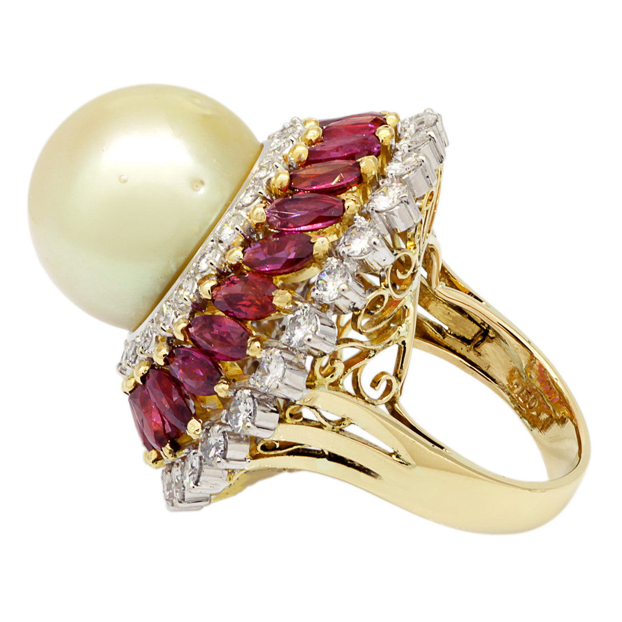 18K Yellow Gold South Sea Pearl, Ruby & Diamond Ring