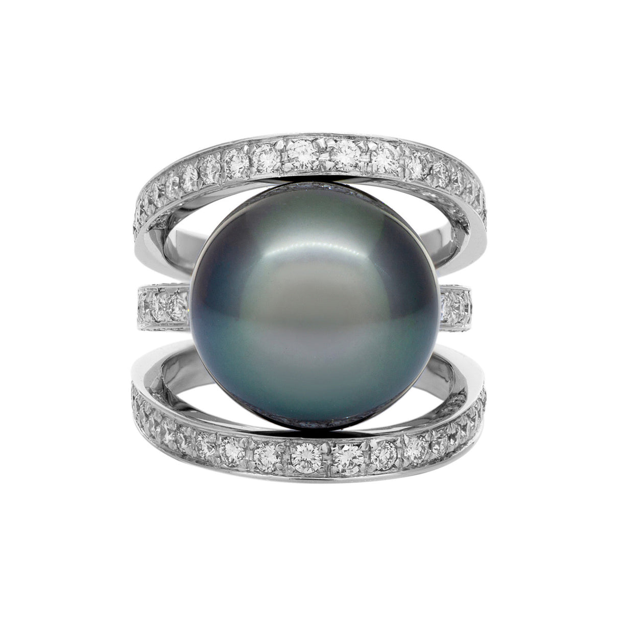 18K White Gold Diamond Tahitian Black Pearl Ring